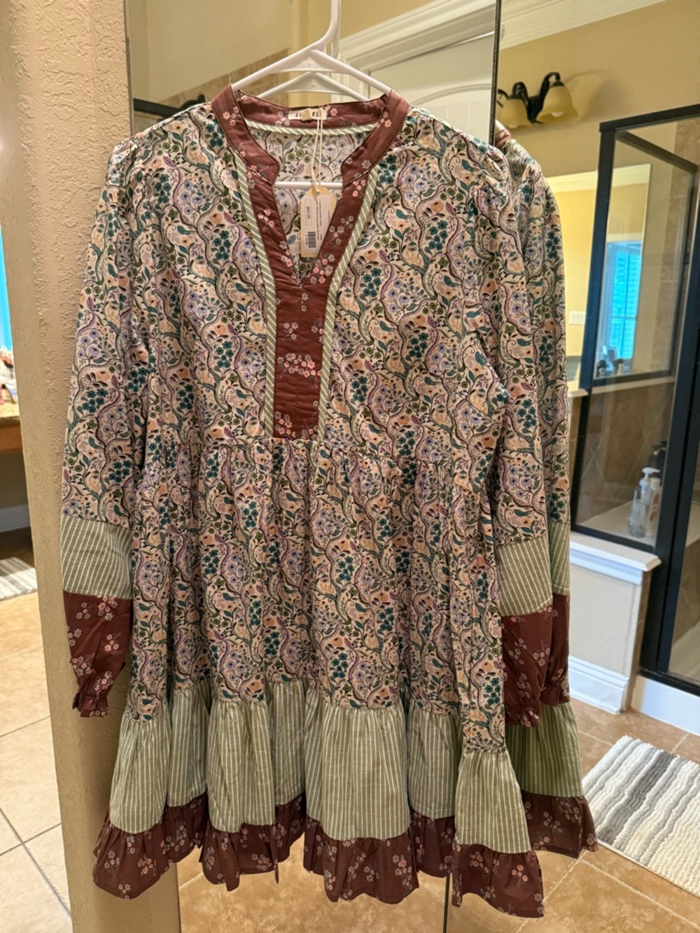 JODIFL Floral Patchwork Tunic Dress in Cream, Sage, and Mauve